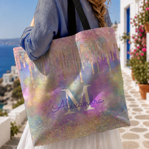 Chique kleurrijke eenhoorn druipend glitter monogr tote bag