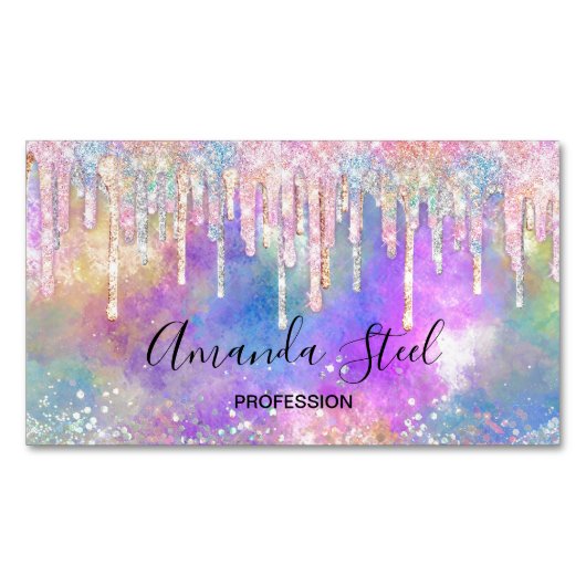 Chique kleurrijke eenhoorn druppelen glitter magnetisch visitekaartje (Voorkant)