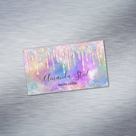 Chique kleurrijke eenhoorn druppelen glitter magnetisch visitekaartje (Voorbeeld)