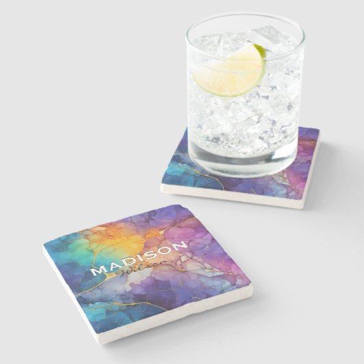 Chique kleurrijke faux goud glitter marmering mono stenen onderzetter (Zijkant)