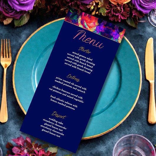 Chique kleurrijke heldere bloemen bruiloft menu