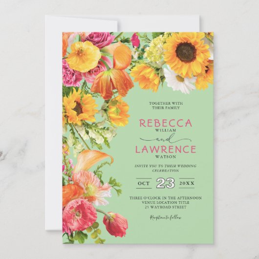 Chique kleurrijke lente bloemen bruiloft uitnodigi kaart (Voorkant)