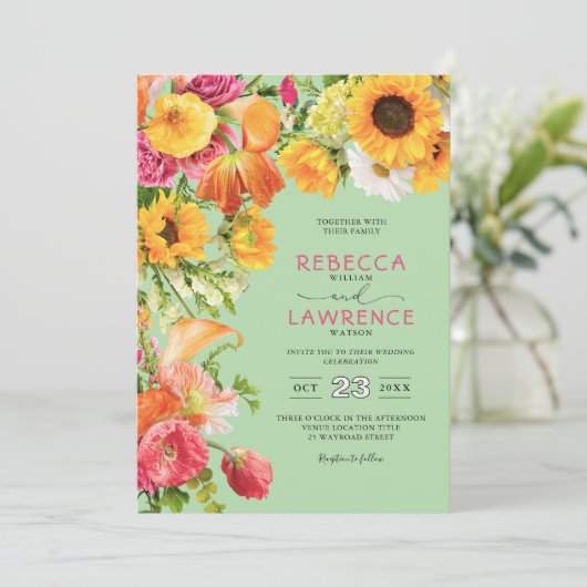 Chique kleurrijke lente bloemen bruiloft uitnodigi kaart (Staand voorkant)