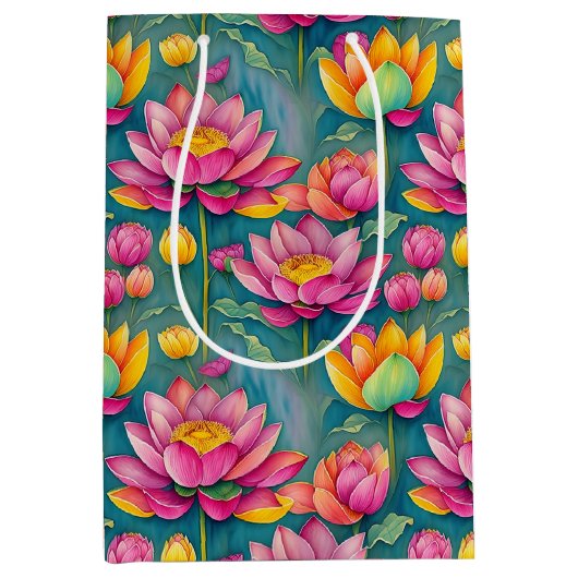 Chique kleurrijke roze lotus bloem botanische groe medium cadeauzakje (Voorkant)