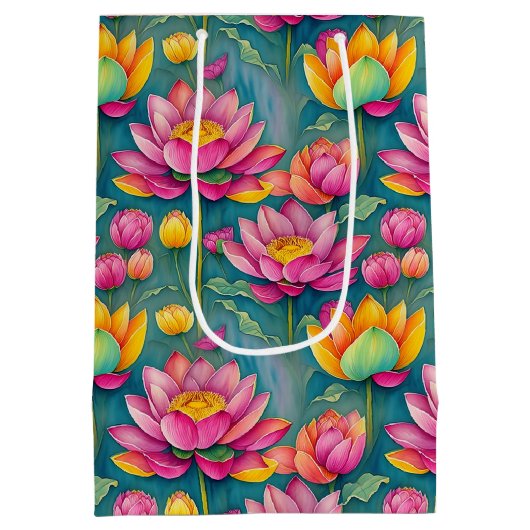 Chique kleurrijke roze lotus bloem botanische groe medium cadeauzakje (Achterkant)