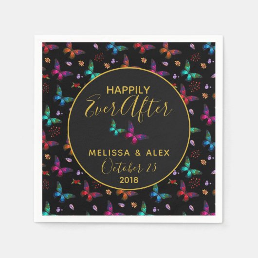 Chique kleurrijke vlinders op zwarte bruiloft servetten (Voorkant)