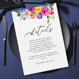 Chique kleurrijke wilde bloemen bruiloft details informatiekaartje