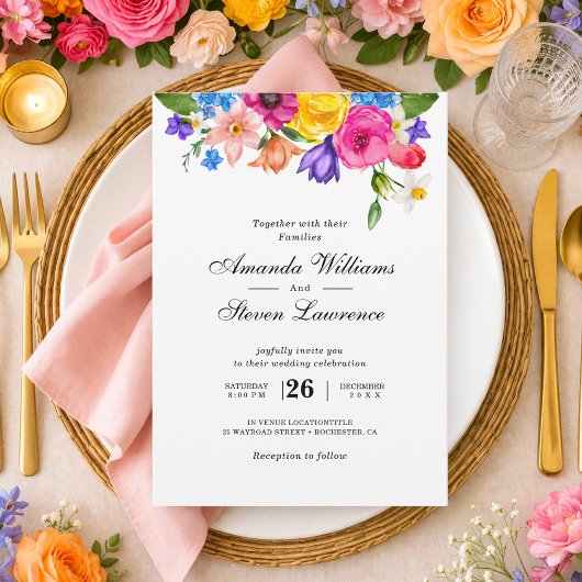 Chique kleurrijke wilde bloemen bruiloft kaart