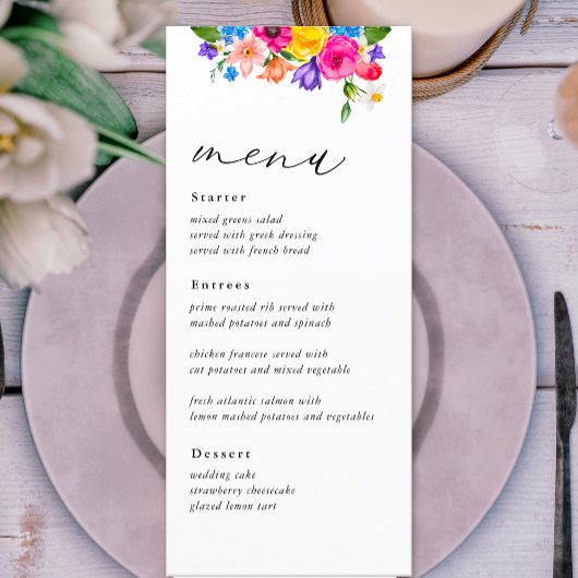 Chique kleurrijke wilde bloemen bruiloft menu