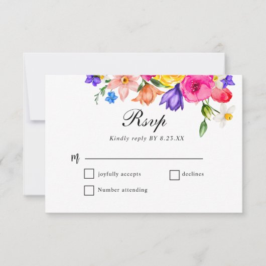 Chique kleurrijke wilde bloemen bruiloft RSVP kaar (Voorkant)