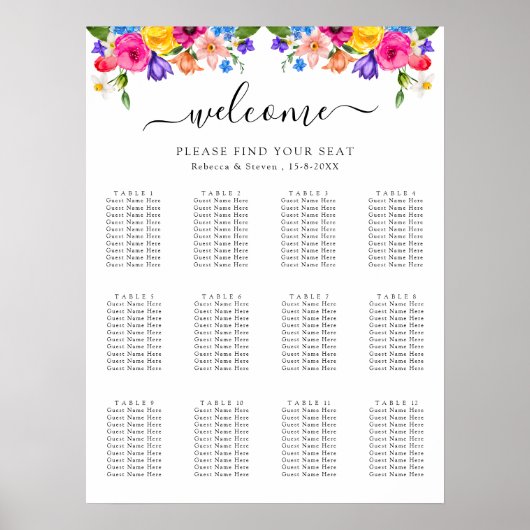 Chique kleurrijke wilde bloemen bruiloft zitgrafie poster (Voorkant)