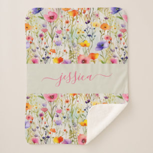 Chique kleurrijke wilde bloemen waterverf script n sherpa deken