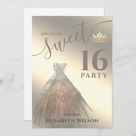 Chique koele glanzende gouden jurk tiara sweet 16 kaart (Voorkant / Achterkant)