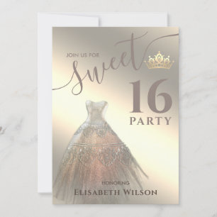 Chique koele glanzende gouden jurk tiara sweet 16 kaart