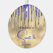 Chique koningsblauw goud glitter druppels zoet 16 keramisch ornament (Links)
