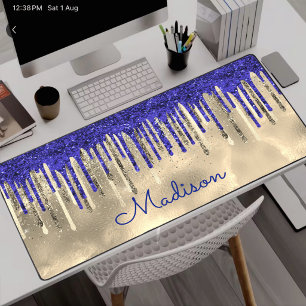 Chique koningsblauw gouden glitterslier monogram bureaumat