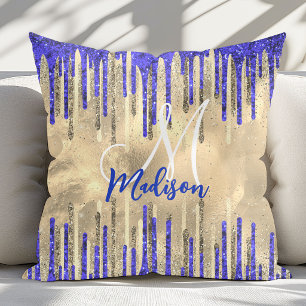 Chique koningsblauw gouden glitterslier monogram kussen