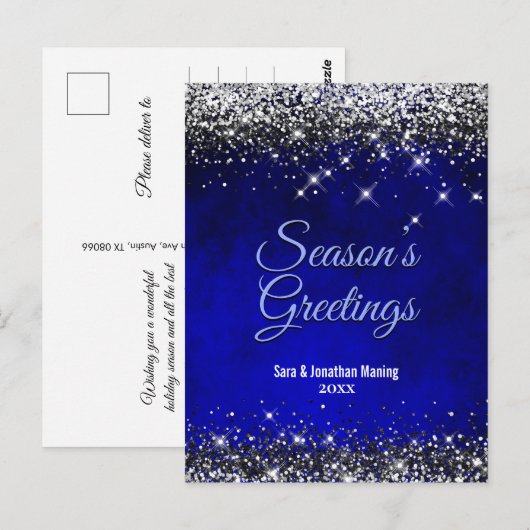 Chique koningsblauw zilver glitter Kerstmis Nieuwj Briefkaart (Voorkant / Achterkant)