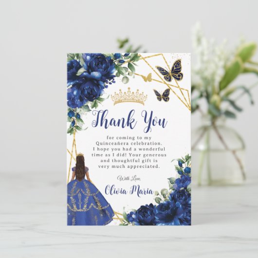 Chique koningsblauwe bloemen bloemenquinceañera bedankkaart (Staand voorkant)