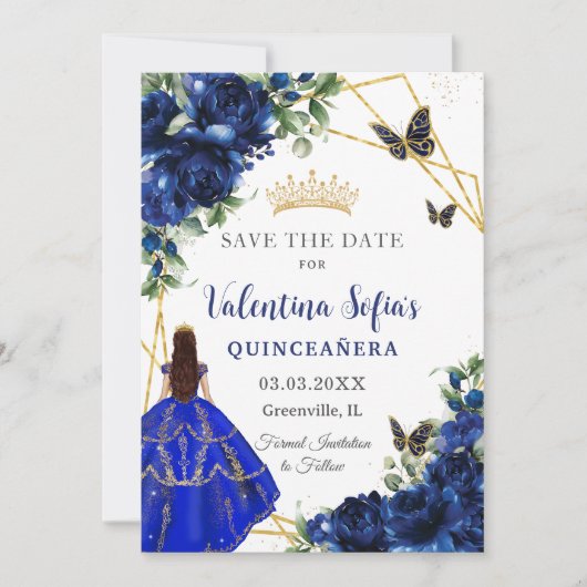 Chique koningsblauwe bloemen prinses goud quinceañ save the date (Voorkant)