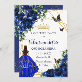 Chique koningsblauwe bloemen prinses goud quinceañ save the date