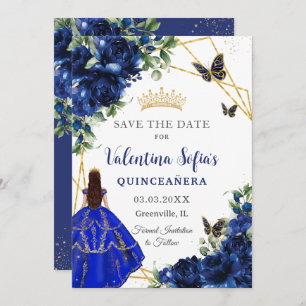 Chique koningsblauwe bloemen prinses goud quinceañ save the date