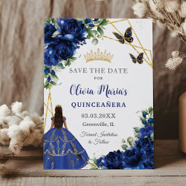 Chique koningsblauwe bloemen prinses quinceañera save the date