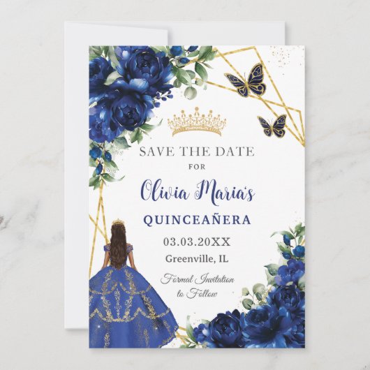 Chique koningsblauwe bloemen prinses quinceañera save the date (Voorkant)