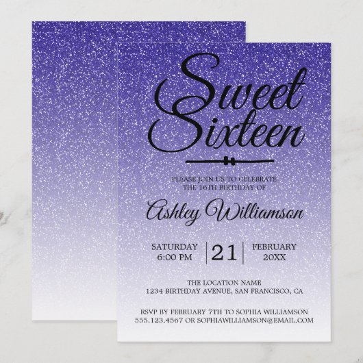Chique Koningsblauwe Glitter Ombre Sweet 16 Verjaa Kaart (Voorkant / Achterkant)