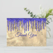 Chique koninklijk blauw goud glinster druppels bedankkaart (Staand voorkant)