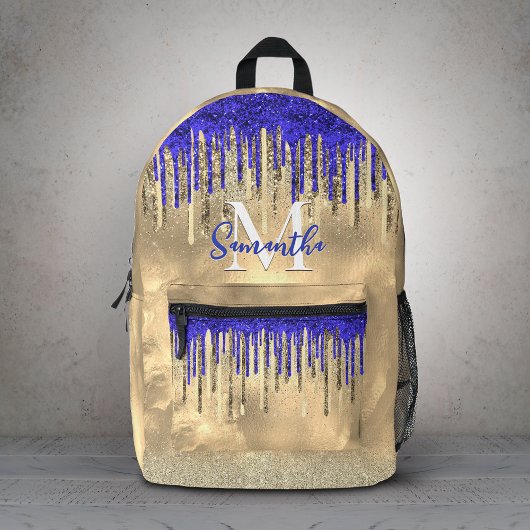 Chique koninklijk blauwe gouden glitterslijm monog bedrukte rugzak