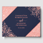 Chique koraal glitter confetti navy blauwe bruilof gastenboek (Voorkant)