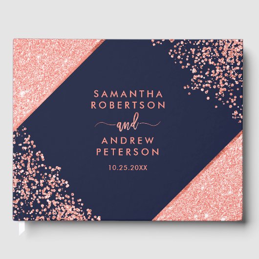 Chique koraal glitter confetti navy blauwe bruilof gastenboek (Voorkant)