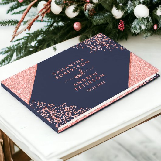 Chique koraal glitter confetti navy blauwe bruilof gastenboek