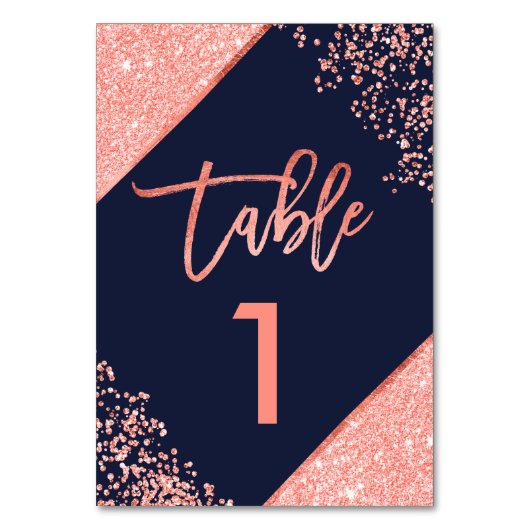 Chique koraal glitter script navy blauwe tabel num kaart (Achterkant)
