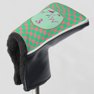 Chique koraalroze en pastelgroene geruite monogram golfheadcover