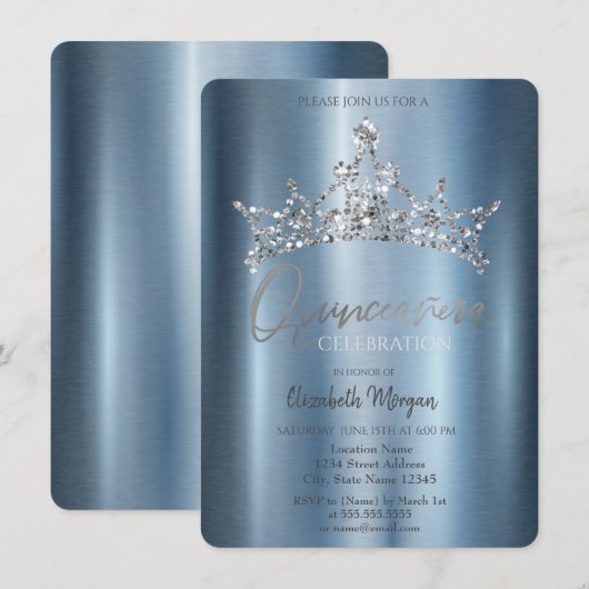 Chique kroon blauw metallic quinceañera kaart (Voorkant / Achterkant)