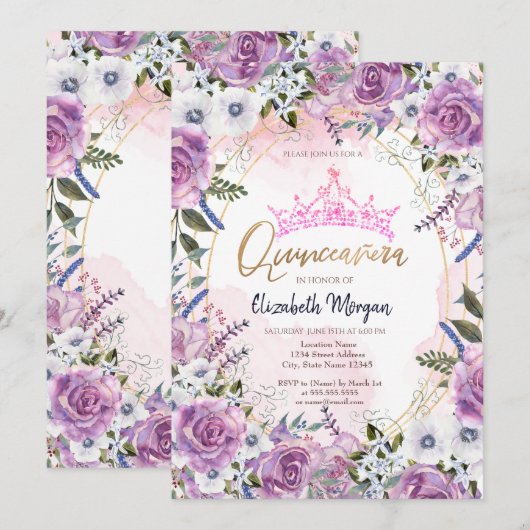 Chique Kroon Violet Bloemen Quinceanera Kaart (Voorkant / Achterkant)
