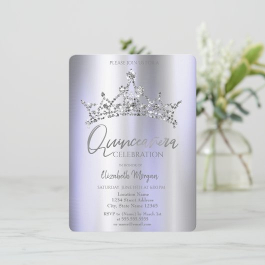 Chique Kroon Violet Metallic Quinceañera Kaart (Staand voorkant)