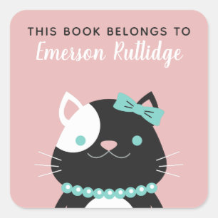Chique Lady Cat   Roze Dit boek behoort toe aan Vierkante Sticker