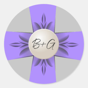 Chique Lavendel & Grijs Monogram Parel Lint Bruilo Ronde Sticker