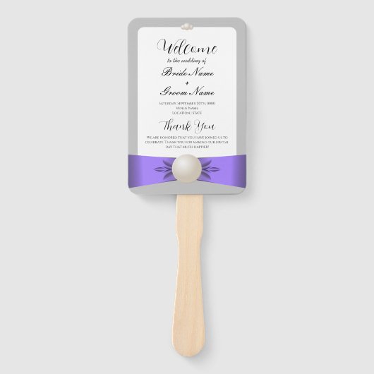 Chique lavendel & grijs parel lint bruiloft progra handwaaier (Voorkant)