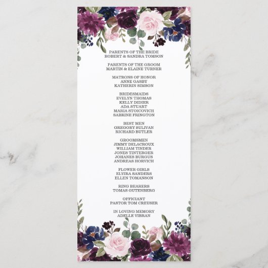 Chique lavendel marineblauw bloem bloesem programm programmakaart (Achterkant)