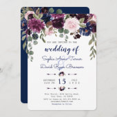 Chique Lavendel Marineblauwe Bloem Bruiloft Kaart (Voorkant / Achterkant)