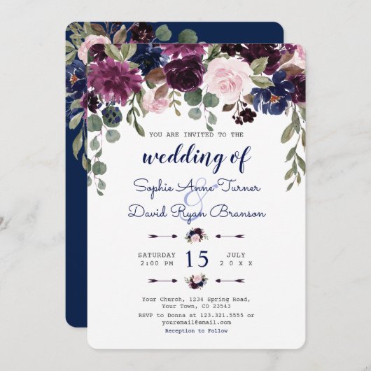 Chique Lavendel Marineblauwe Bloem Bruiloft Kaart (Voorkant / Achterkant)