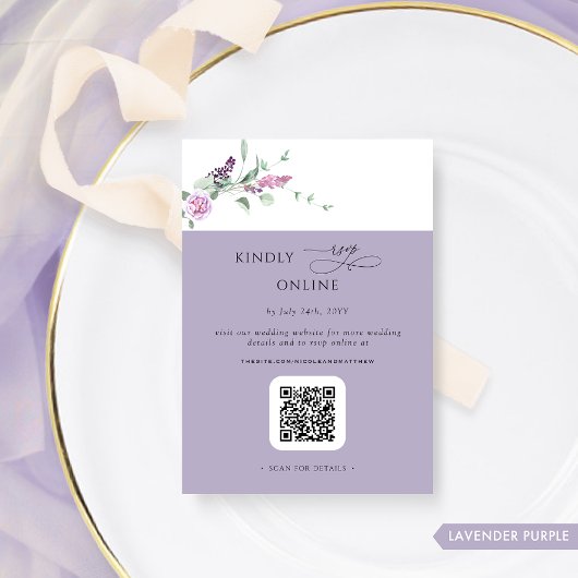 Chique Lavendel Pastel Bloemen RSVP Online, QR Cod Informatiekaartje