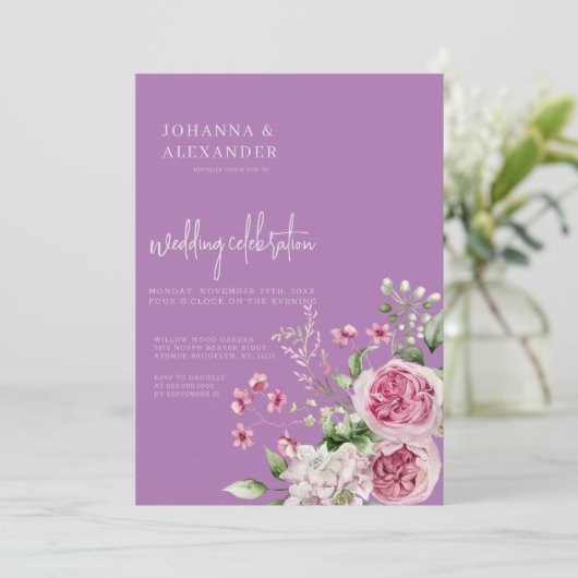 Chique lavendel pioen elegantie bruiloft uitnodigi kaart (Staand voorkant)