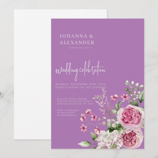 Chique lavendel pioen elegantie bruiloft uitnodigi kaart (Voorkant / Achterkant)