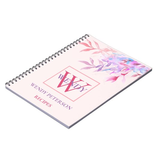 Chique lente bloemenroze Monogram Recept Kookboek Notitieboek (Linkerzijde)