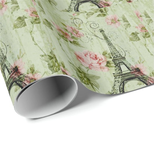chique lente mint roze bloem paris eiffeltoren cadeaupapier (Rol Hoek)